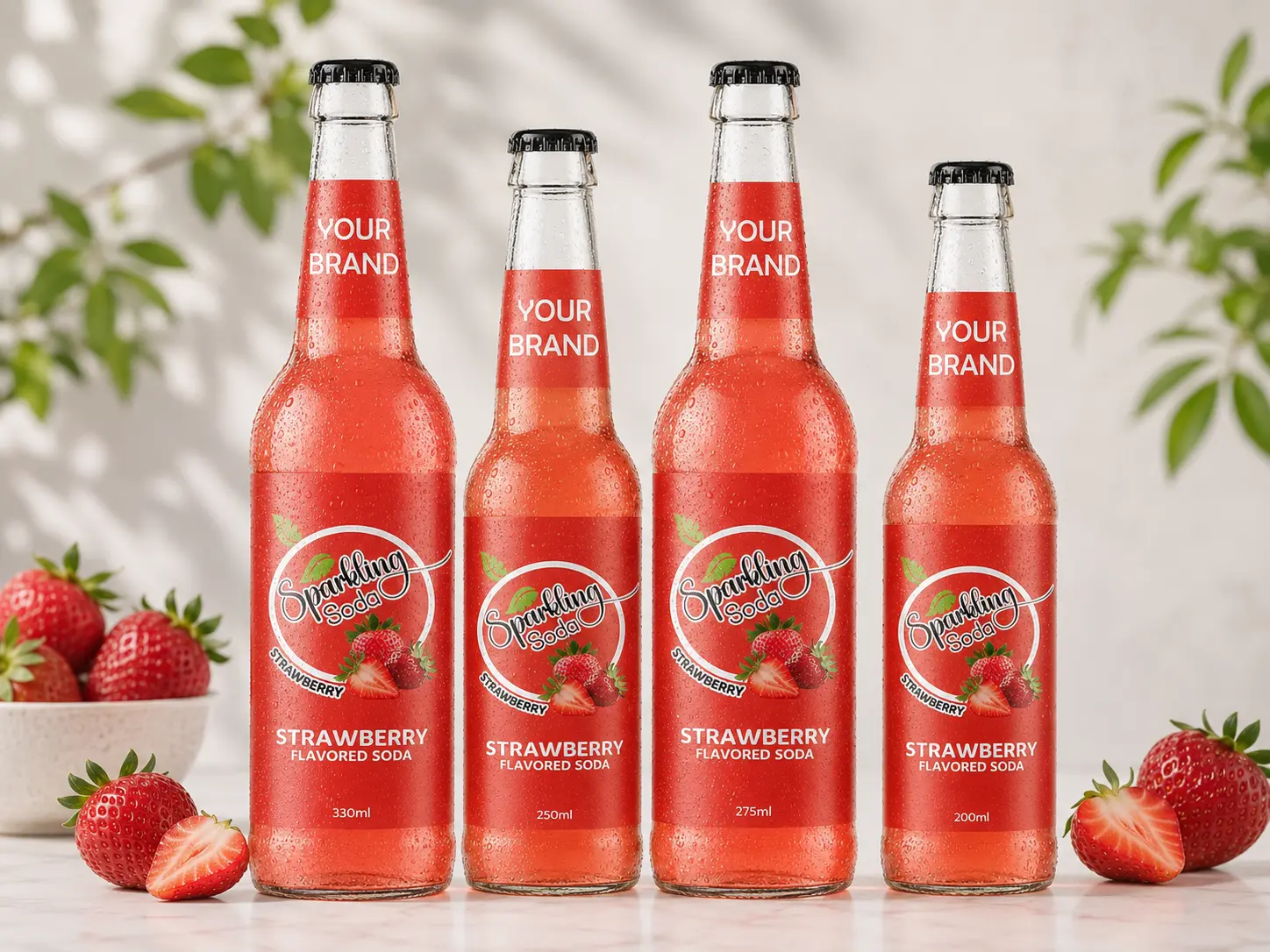SPARKLING FLAVORED SODA Strawberry in 330ml, 250ml, 275ml, and 200ml glass bottles.